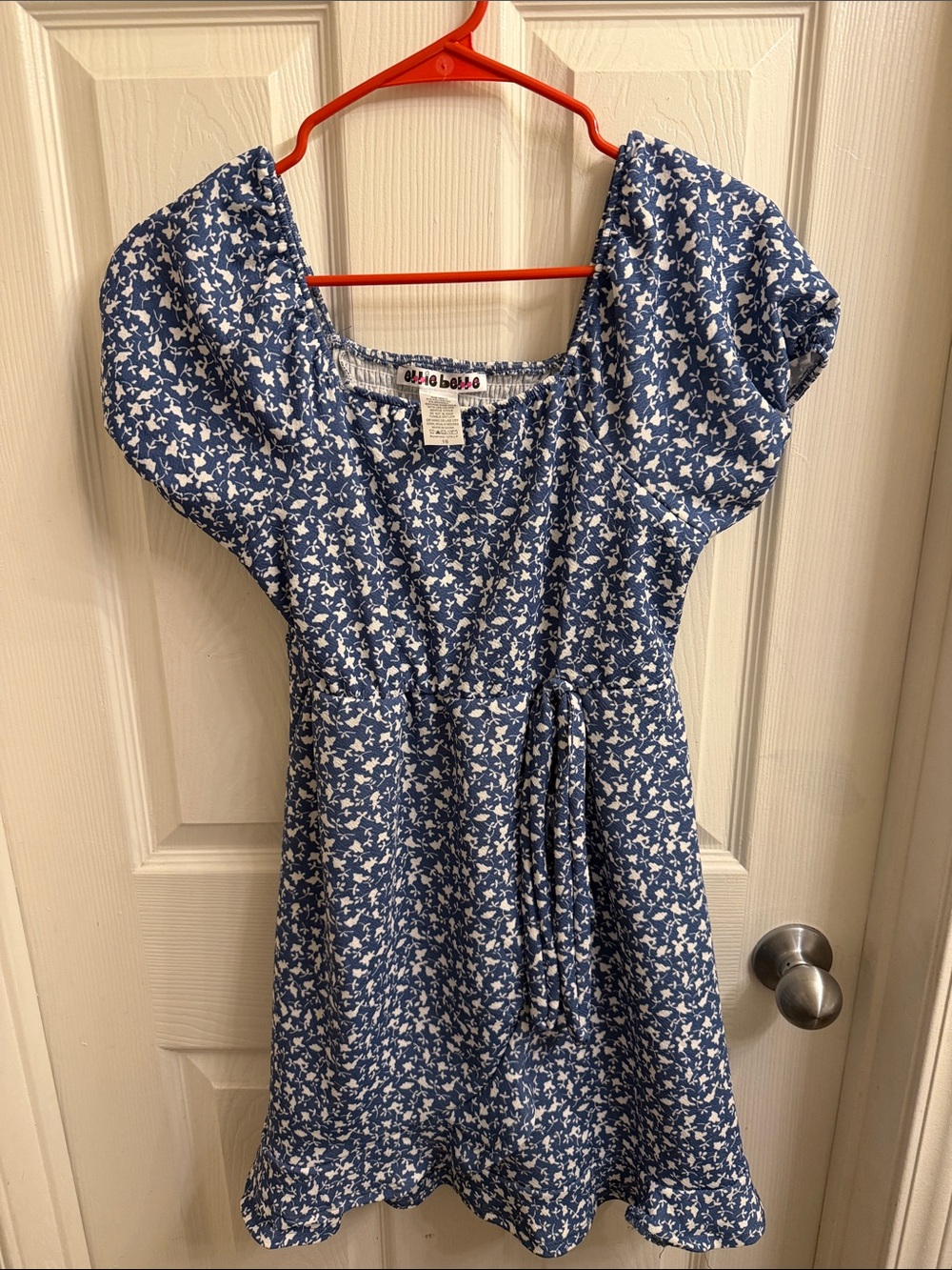 Girls' Blue Floral Puff-Sleeve Dress